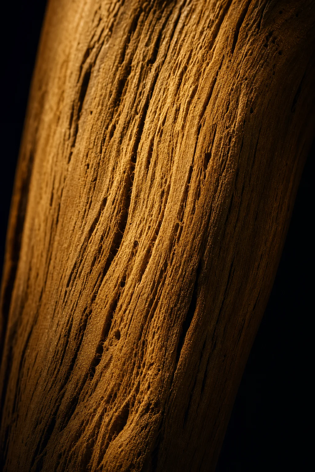 Macro of oak grain, razor sharp where a warm light rakes across it