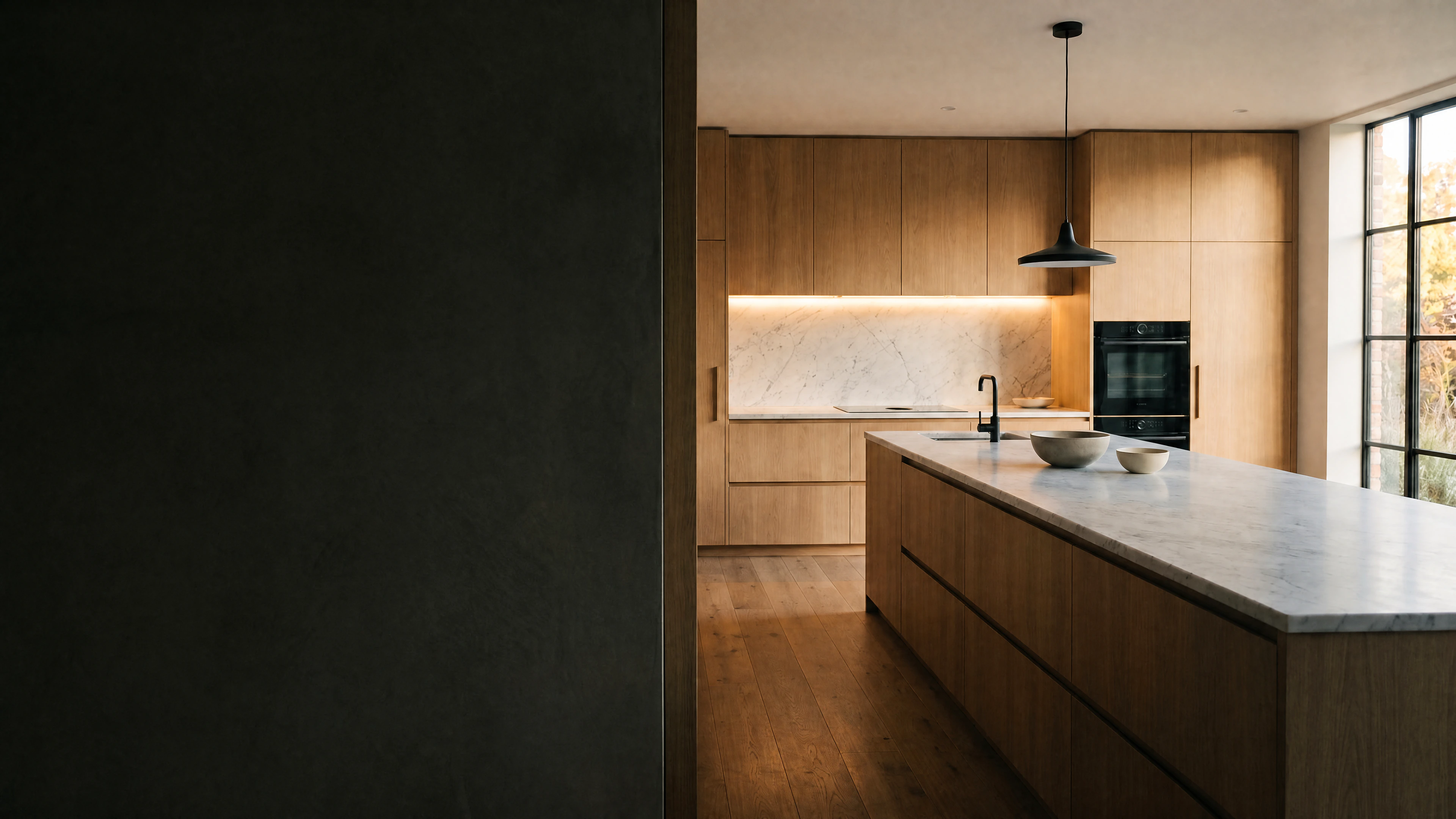 Editorial modern kitchen interior with selectable material overlays
