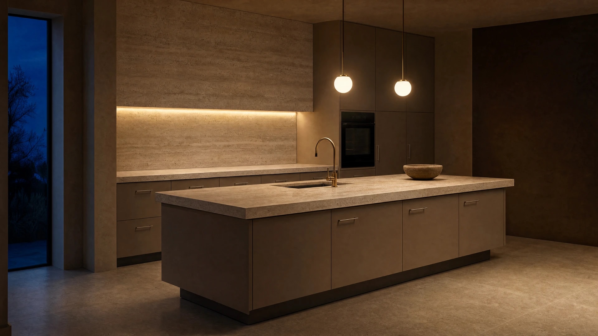 A dusk-lit kitchen with plain taupe cabinet fronts, a travertine backsplash, and stone counters