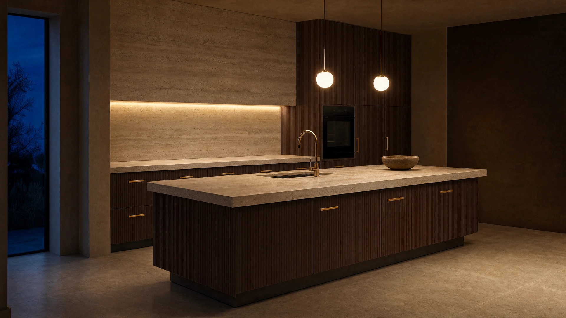 The same kitchen re-faced with fluted dark-walnut cabinet fronts and brass hardware, lighting unchanged