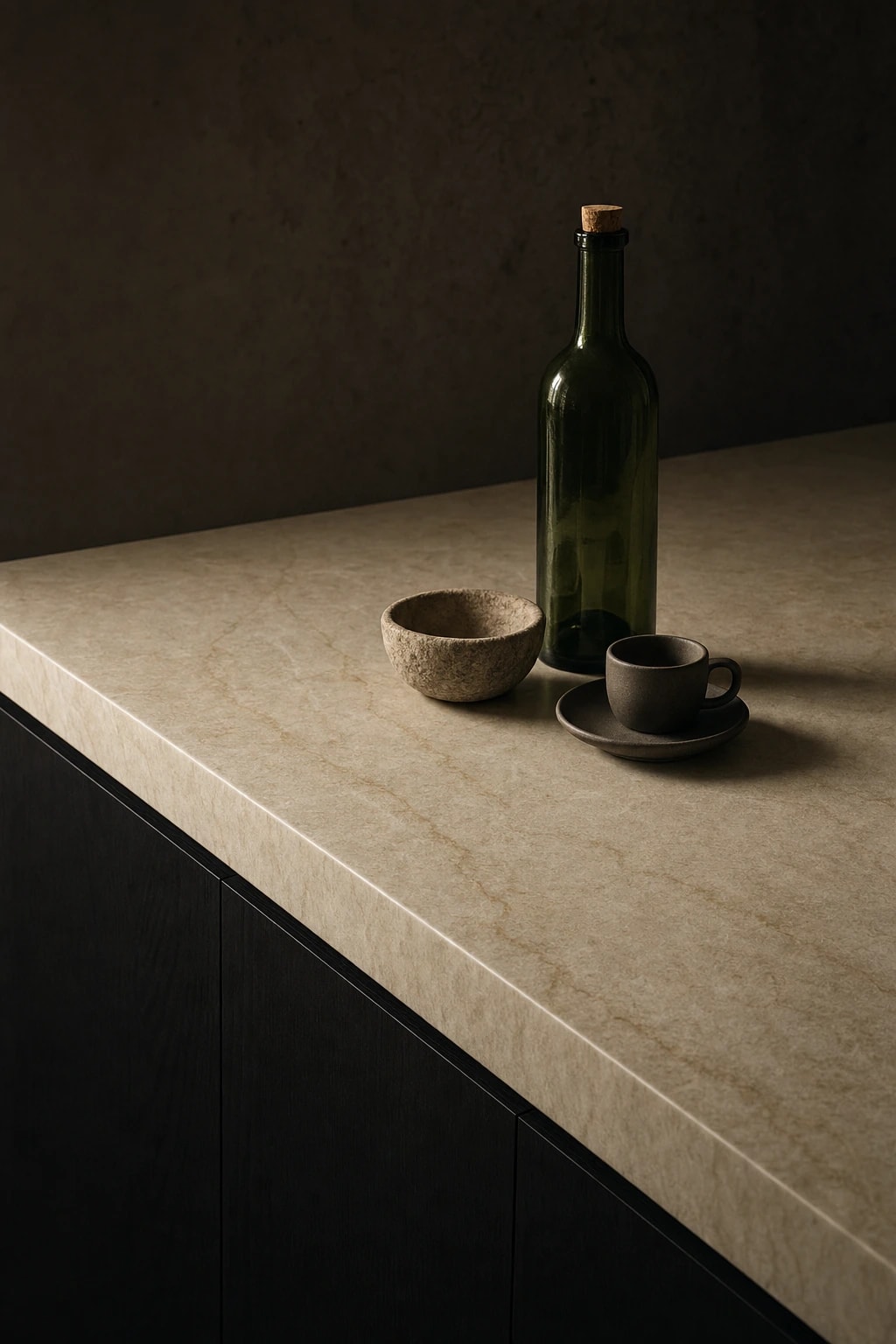 A still life of a bottle and ceramics on a pale limestone countertop over black-oak cabinetry