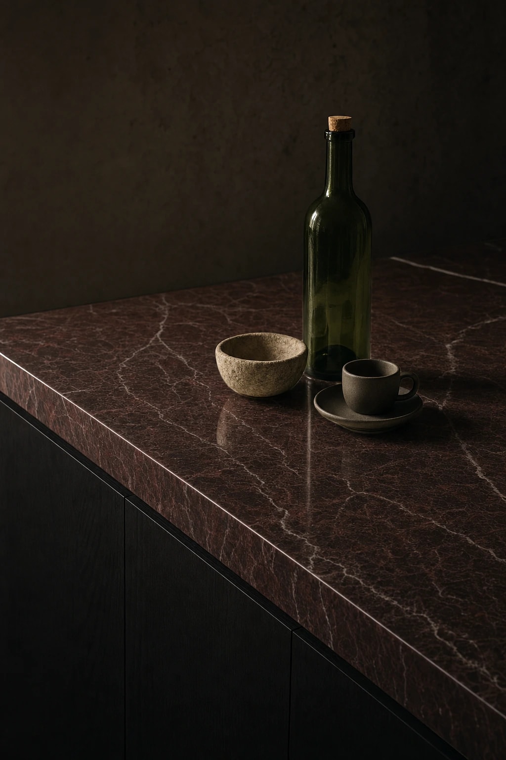 The same counter in deep oxblood marble with white veining, the bottle, ceramics, and shadows unchanged