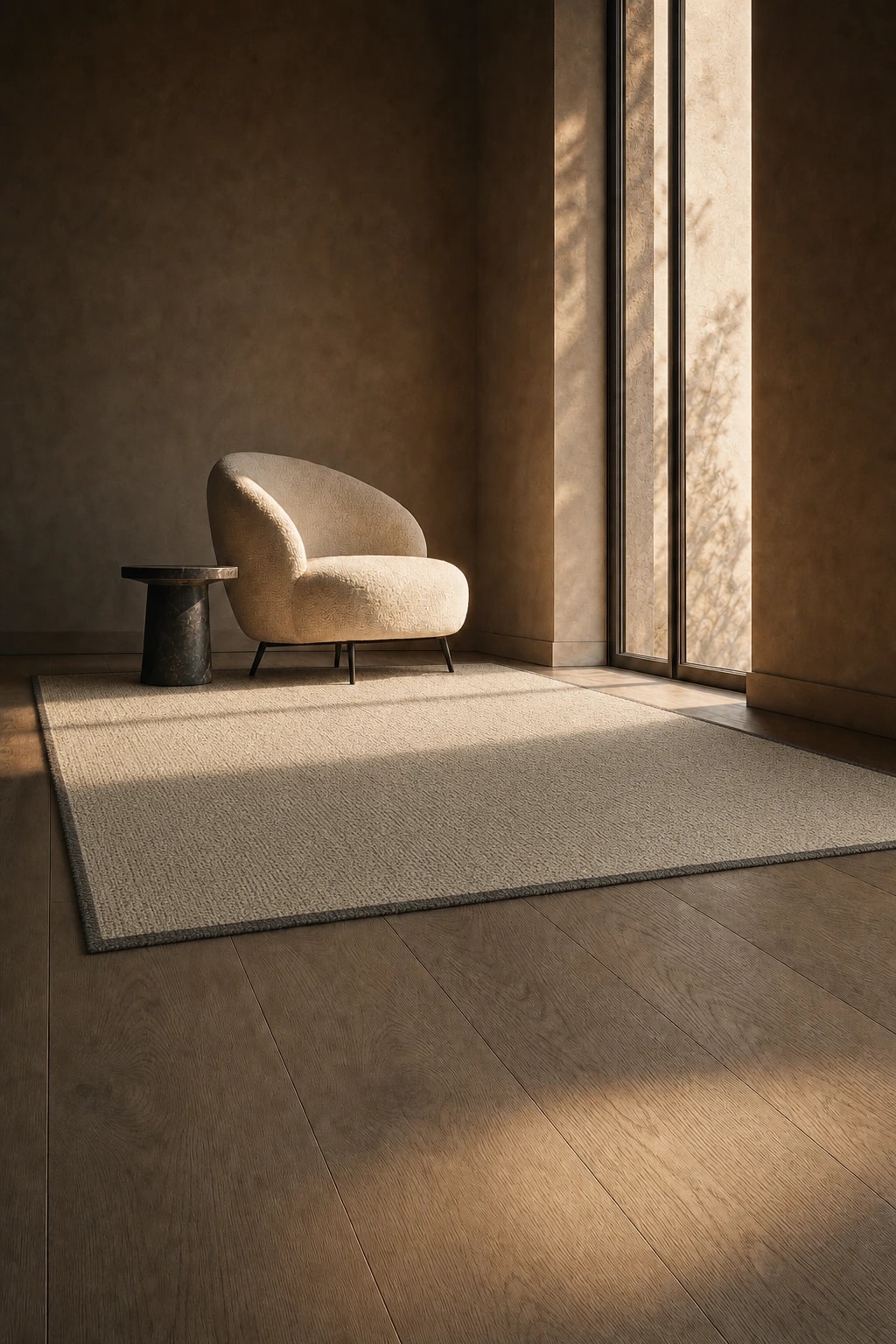 A sunlit reading corner with a bouclé armchair and wool rug on wide light-oak planks