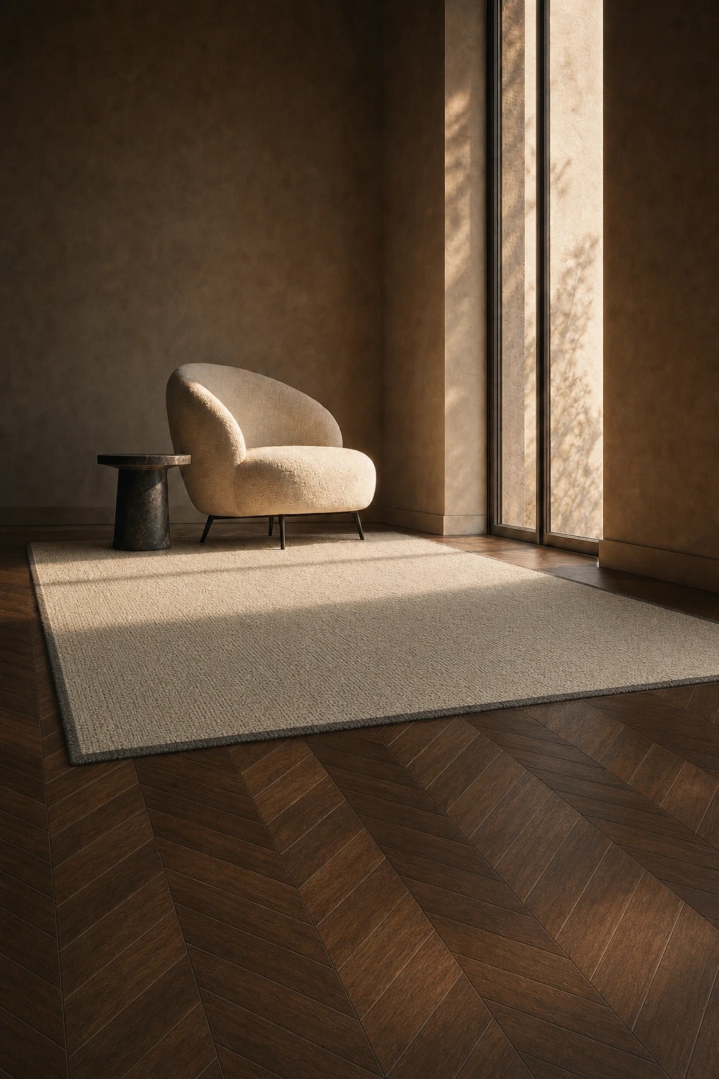 The same corner re-floored in dark walnut chevron, with sunlight, rug, and chair untouched