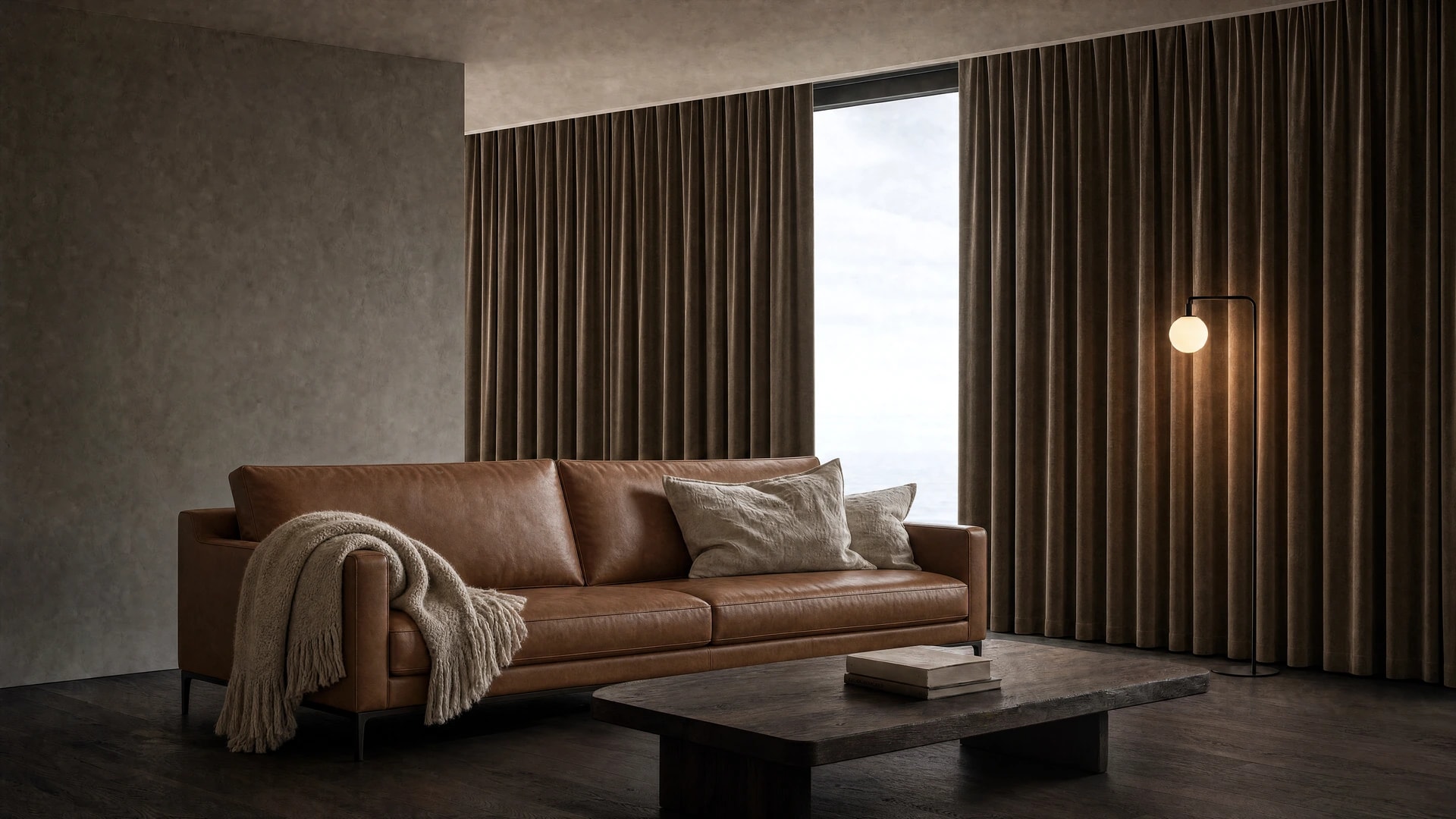 The same room with a cognac leather sofa and bronze velvet curtains, the floor, light, and view unchanged