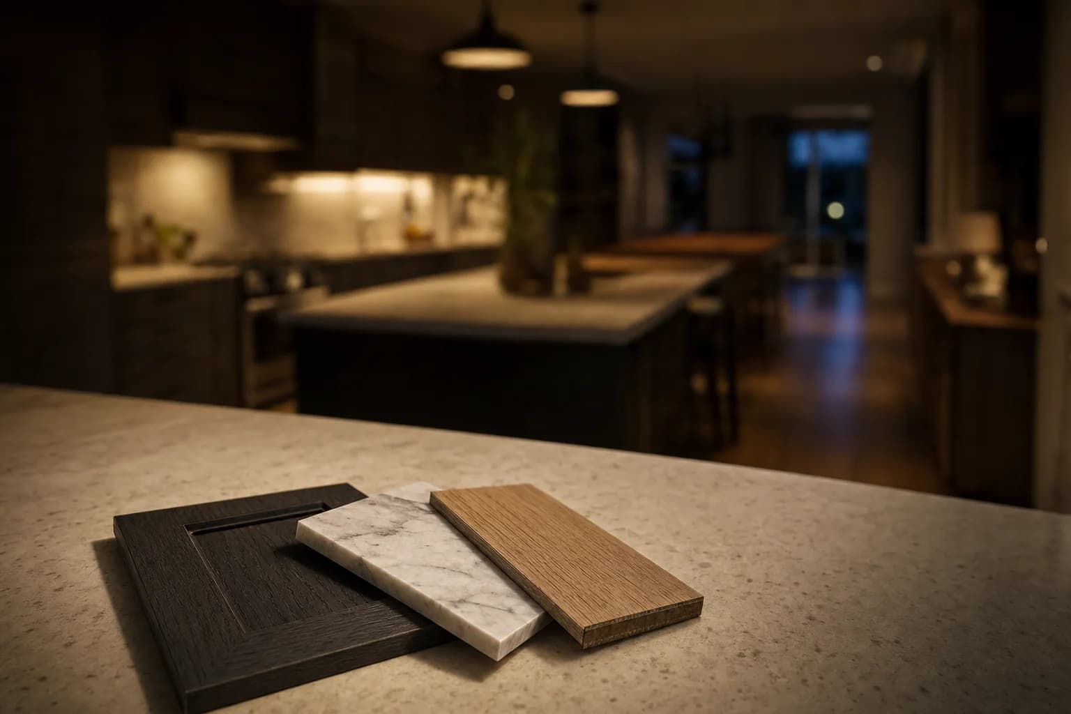 A handful of small material samples in sharp focus on a counter, the kitchen they are meant to decide dim and out of focus behind them